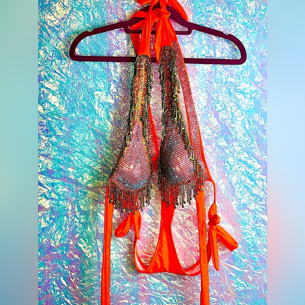 NWOT Orange Rhinestone Show Stopper Bikini